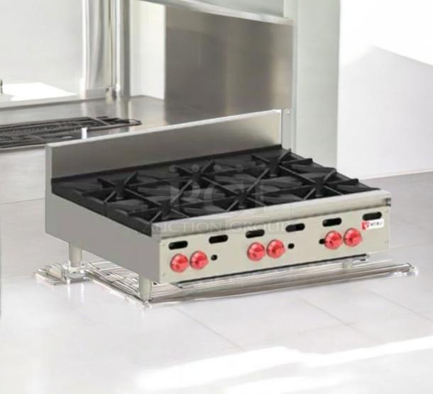 Wolf AHP636 36" gas hotplate with 6 burners, excellent condition, natural gas, tested and working, Wolf Range Company.