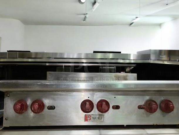 Wolf AHP636 36" gas hotplate with 6 burners, excellent condition, natural gas, tested and working, red knobs, model label shown.