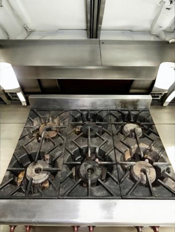 Wolf AHP636 36" gas hotplate, 6 burners, excellent condition, tested, Wolf Range Company, natural gas model.