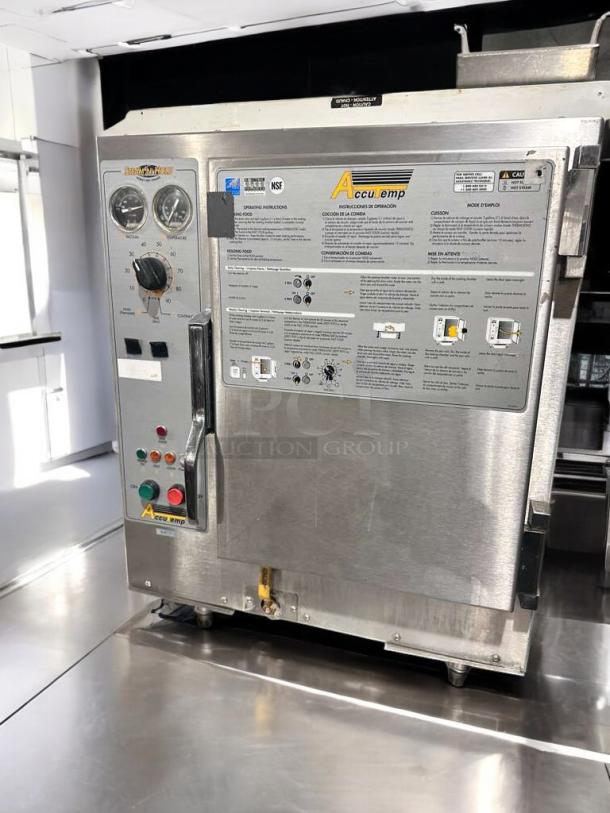 Pristine AccuTemp Steam ‘N’ Hold countertop steamer, model S62083D10031200, 208V/3 Phase, fully tested, stainless steel, visible control panel and operating instructions.