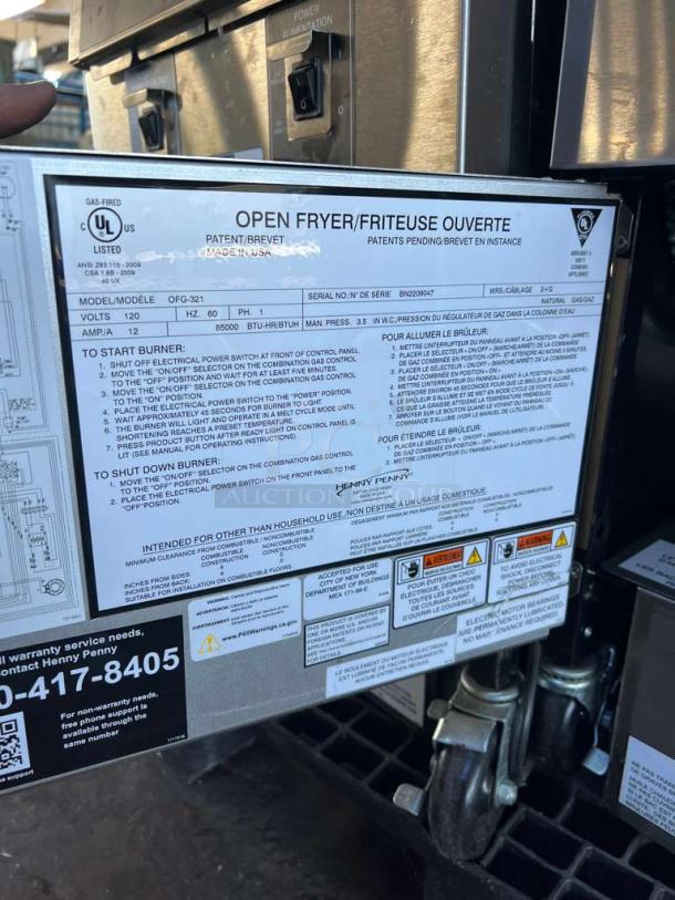 Henny Penny OFG-321 open fryer label, natural gas, 120V, single phase, Computron 1000, exceptional condition, fully tested.