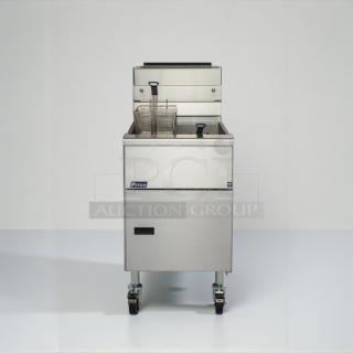 Pitco Commercial Gas Floor Fryer, model PIT-L-FRY-0006, natural gas, excellent condition, fully tested, on wheels.