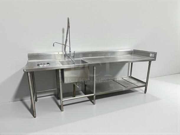 ICM Commercial Stainless Steel Prep Sink Table, model ICM-L-PST-0007. Immaculate condition, fully tested, integrated sink.