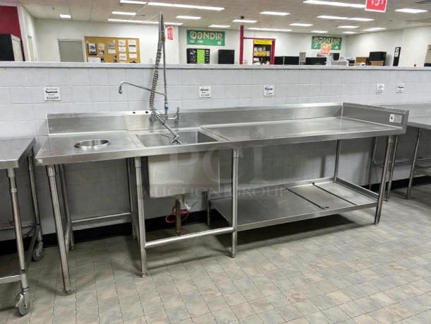 ICM stainless steel prep sink table, model ICM-L-PST-0007, in immaculate condition, fully tested and working, with integrated sink and backsplash.