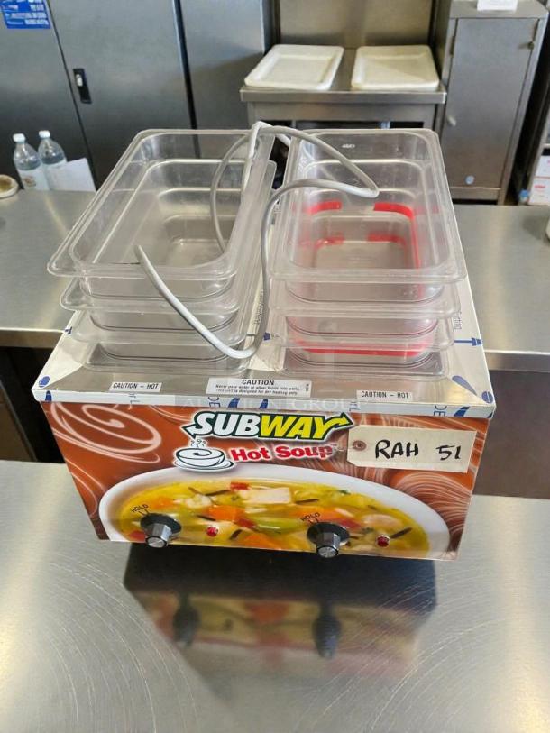 Duke CSW-2-T-AM 2-Well Countertop Soup Warmer, immaculate condition, Subway branding, tested and working, 120V, single phase.