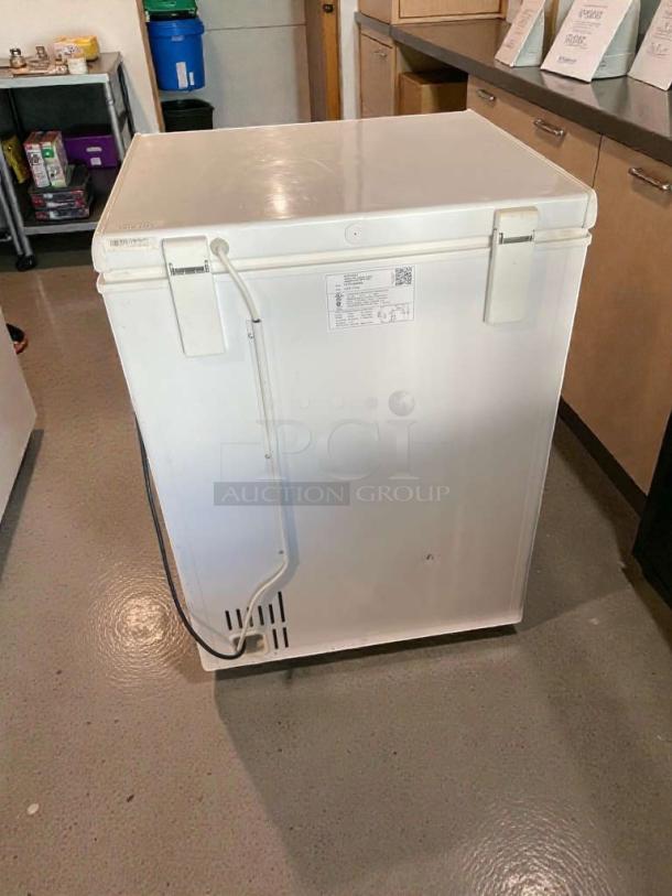 Immaculate Hotpoint Chest Freezer, model HCM5QWBWW, 115V/60 Hz. Fully tested and working. Markings show make and model.