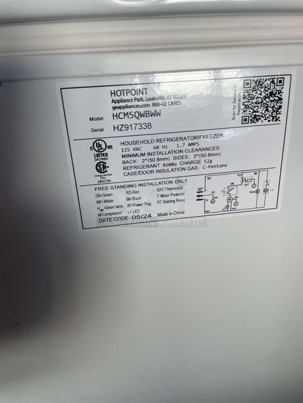 Immaculate Hotpoint Chest Freezer, Model HCM5QWBWW, 115V, 60 Hz, fully tested. Manufacture details label visible.