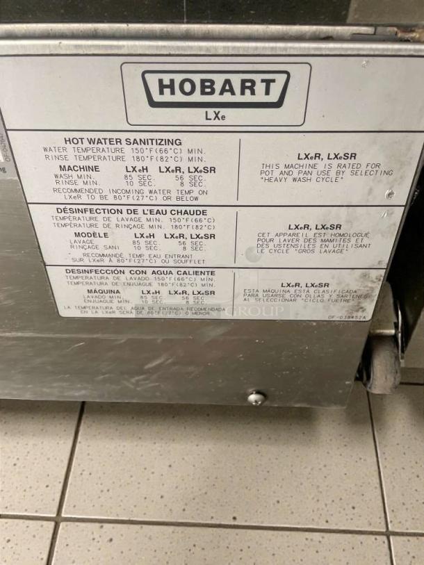 Immaculate Hobart LXe undercounter dishwasher, 120V, single phase, fully tested, model details on label, commercial grade.