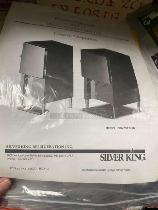 Silver King Refrigerated Cream Dispenser manual, model SKNES2B/3B, shows product image and contact details for Silver King Refrigeration.