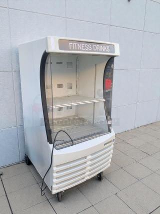 Beverage-Air Open Merchandiser BZ13-1-W, excellent condition, 115V, single phase, glass front, "Fitness Drinks" label.