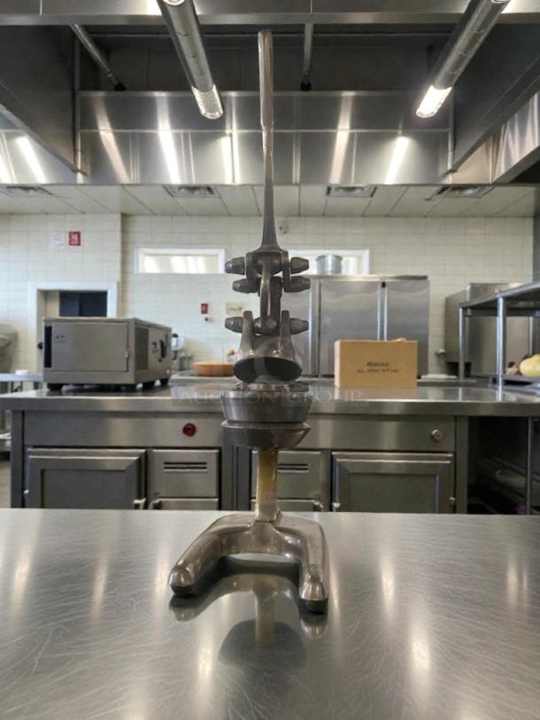 Heavy-duty commercial manual fruit/citrus press in excellent condition, fully tested and working, metal construction.