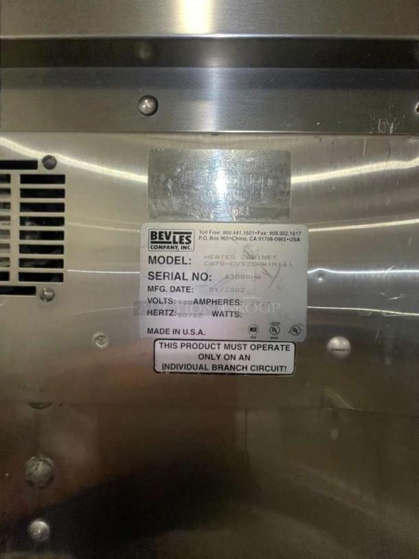 BevLes CATD-CV25HWM36 Heated Proofing Cabinet, model info plate showing specs, made in USA, outstanding condition.