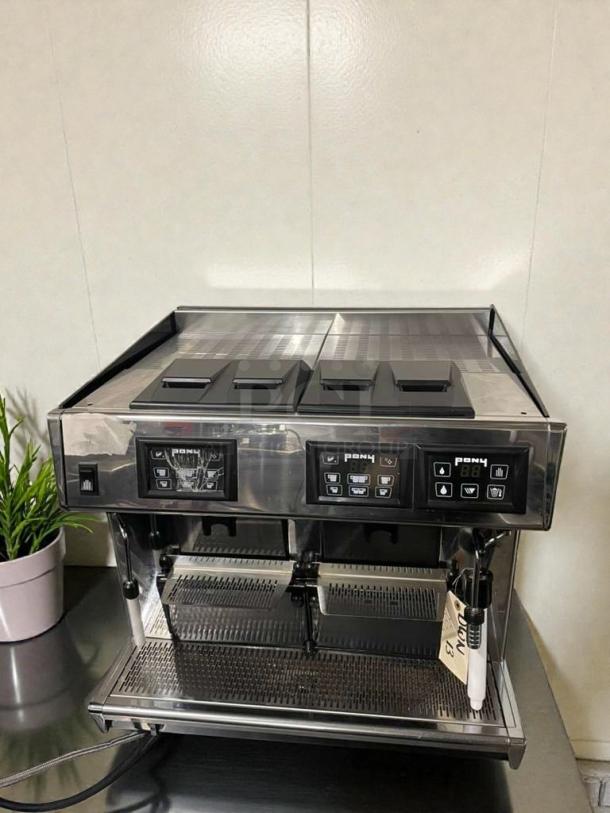 Astoria CMA PONY 2-Group Commercial Espresso Machine, 208V, refined condition, fully tested, stainless steel finish.