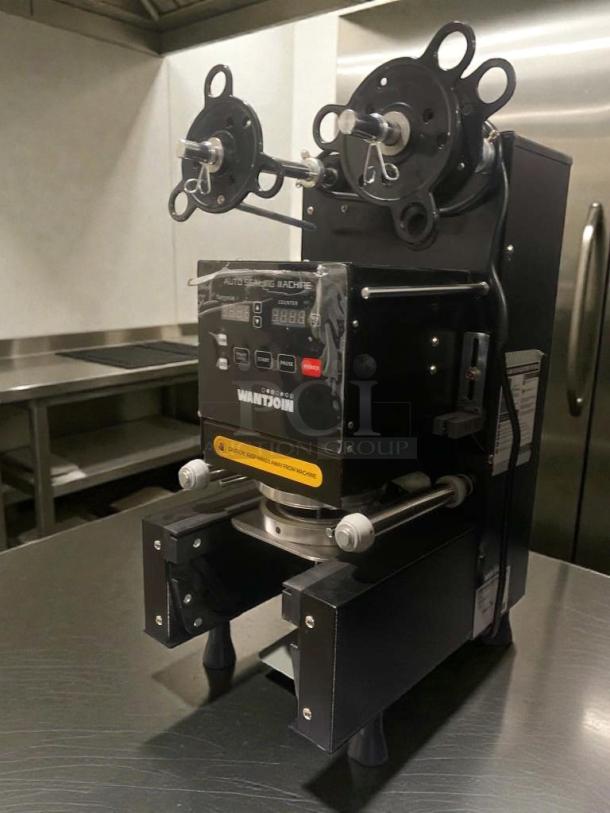 WantJoin WZ-95B cup sealing machine, premium condition, 110–120V, fully tested, visible controls labeled "AUTO SEALING MACHINE."