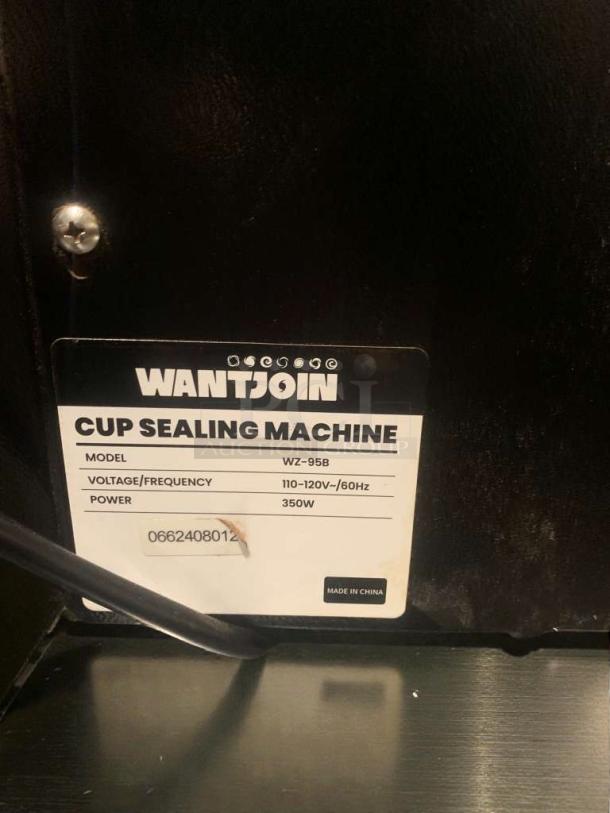 WantJoin WZ-95B Automatic Cup Sealing Machine, 110–120V, 350W, premium condition, label indicates model and power details.
