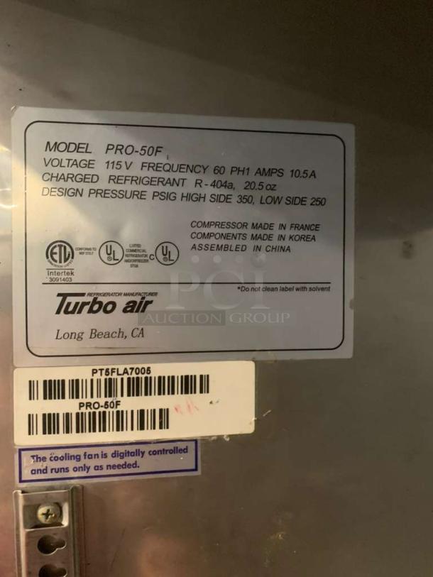 Turbo Air PRO-50F 2-Door Freezer, 115V, fully tested, premium condition, digital cooling control, model info visible.