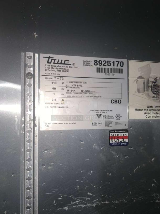True T-72 Commercial 3-Door Refrigerator label, showing model, serial 8925170, and specs. Made in the USA since 1945.