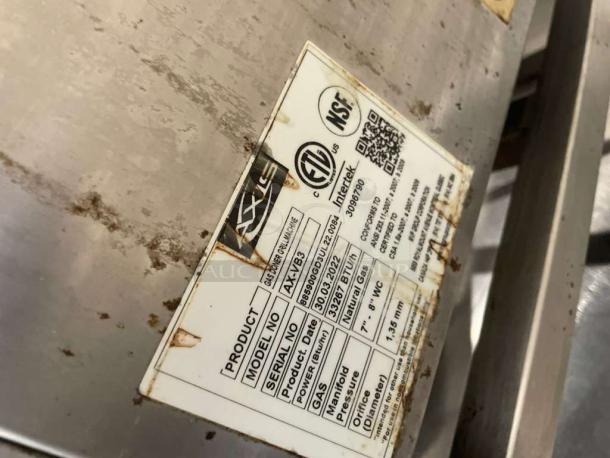 Intek AX-VB3 gas vertical broiler, NSF certified, natural gas, model tag visible, fully tested, excellent condition.