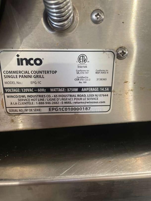 Winco EPG-1C commercial countertop single panini grill label, 120V, 1750W, in immaculate condition. Made by DWL Industries Co.