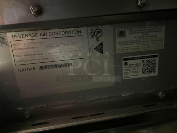 Beverage-Air Refrigerated Worktop label, model WTRCS36-1-003, details refrigerant R134a, 115V, fully tested and working.