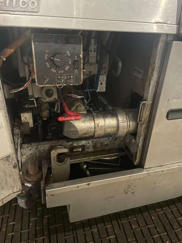 Pitco SG14JS Commercial Gas Fryer, natural gas, open panel view showing internal components, fully tested, excellent condition.