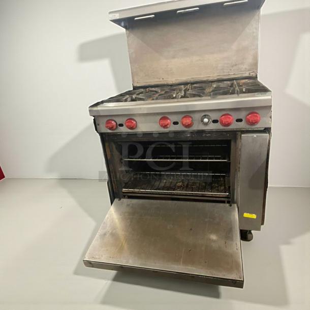 American Range commercial gas range, 6 burners, oven, stainless steel, fully tested, red knobs, premium condition.