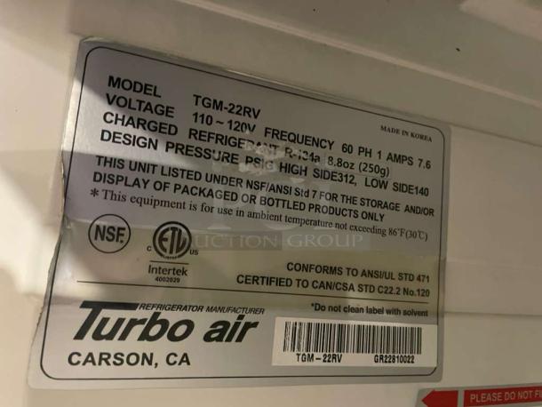 Turbo Air TGM-22RV label showing model, voltage, and certification details. Made in Korea. For use with packaged products only.