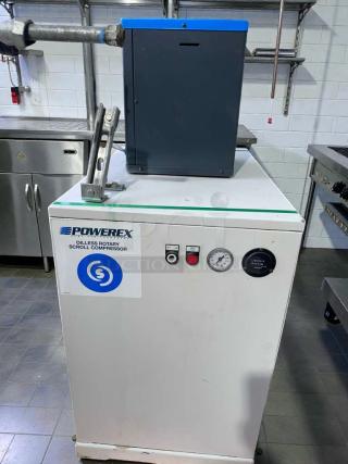 Powerex oil-less scroll compressor with SPX Hankison HPR5-10 air dryer, 115V, white, gauges and controls visible; superior condition.