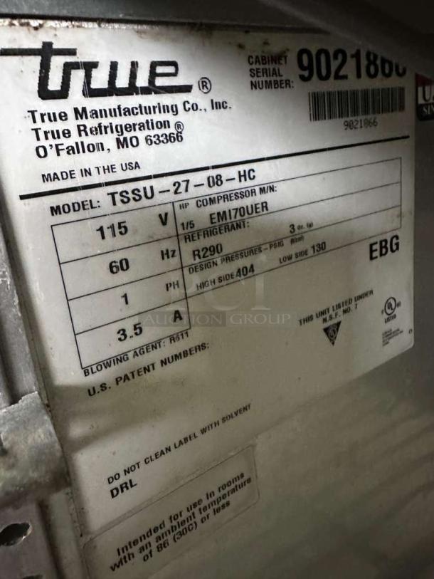 True TSSU-27-08-HC Sandwich/Salad Prep Table label, 115V, R290 refrigerant, excellent condition, fully tested and working.