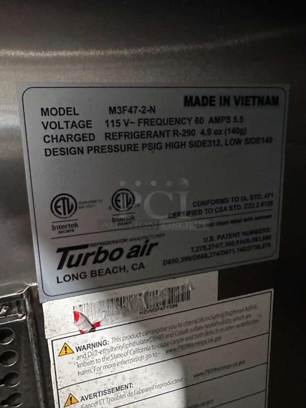 Turbo Air M3F47-2-N freezer label, 115V, R-290 refrigerant, ETL certified, made in Vietnam. Warning label included.