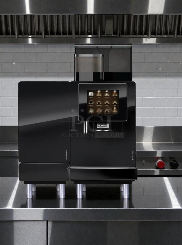 Franke A1000 commercial espresso machine, outstanding condition, touchscreen interface, sleek black design, fully tested.