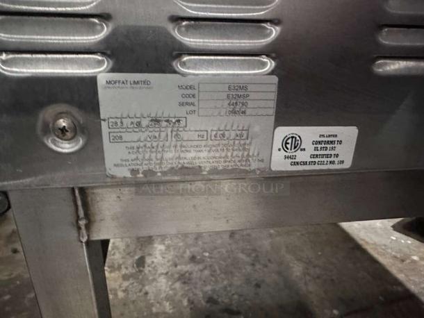Moffat Turbofan E32MS convection oven with labels, showing model and electrical specs. Superior condition, fully tested.
