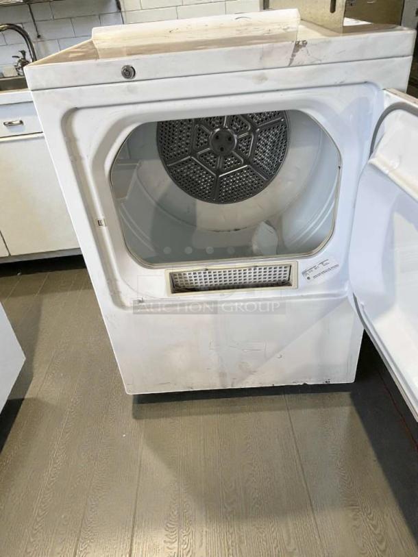 GE DCCD330ED2WC coin-operated dryer, immaculate condition, 120/208–240V, fully tested. Front view with open door.