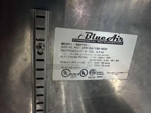 Label on Blue Air BAPT50 Sandwich Prep Table; model, serial number, refrigerant type, electrical rating, and certification marks visible.