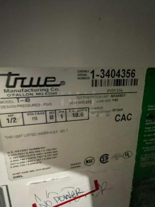 True R49-S commercial refrigerator label showing model, voltage, and serial number. Fully tested, premium condition.