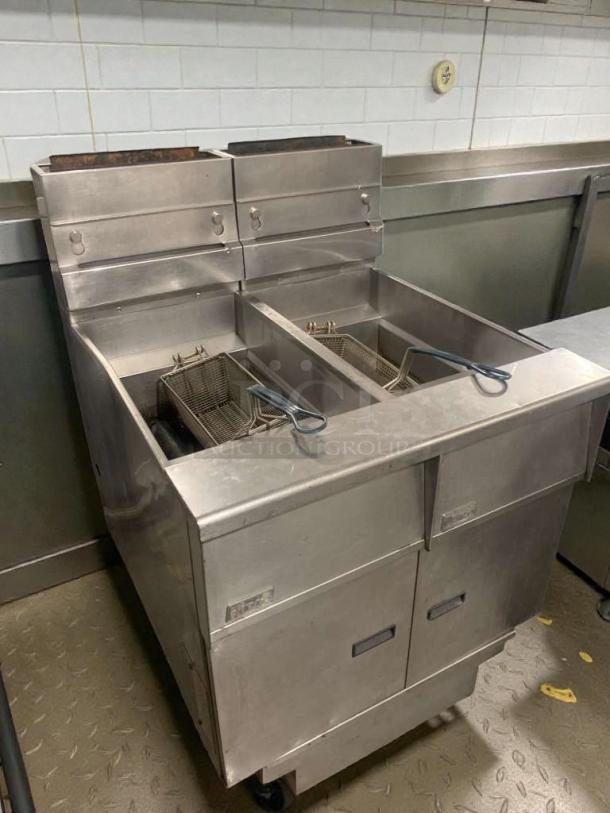 Pitco SG14 commercial gas fryer, stainless steel, natural gas, excellent condition, double basket, fully tested, model tag visible.