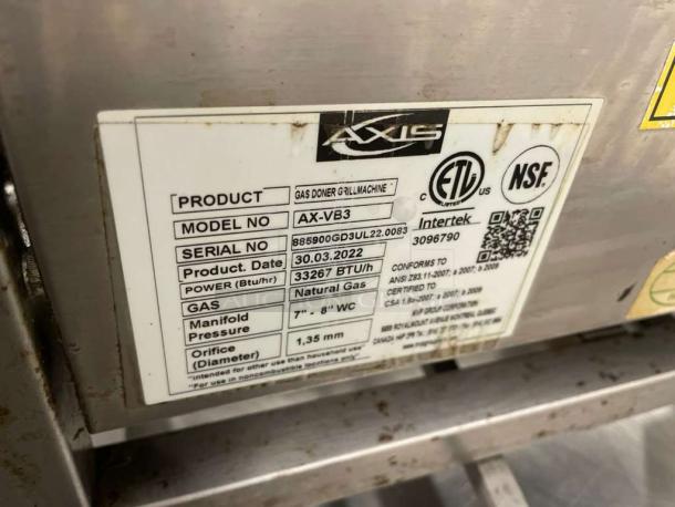 AXIS AX-VB3 gas doner grill machine label. NSF and ETL certified, natural gas, 33,267 BTU/hr, premium condition.