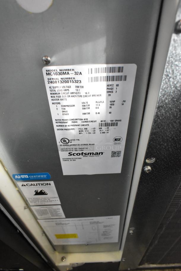 BRAND NEW 2024 Scotsman MC1030MA-32A Ice Machine Head, stainless steel, 1077 lb/24 hr, 208/230V, certified labels visible.