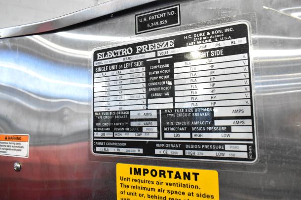 Electro Freeze 99T-RMT-137 stainless steel commercial ice cream machine with label showing technical specifications.