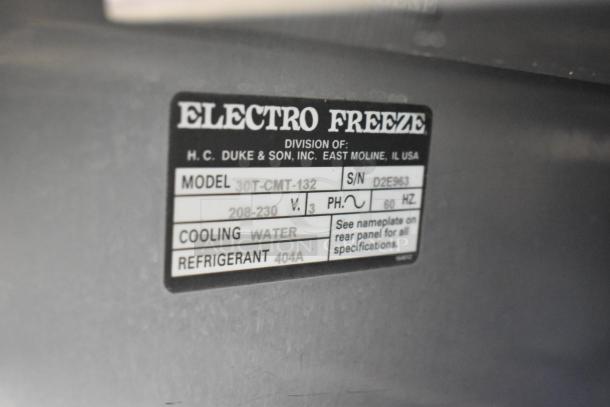 Electro Freeze 30T-CMT-132 label, showing model, voltage (208-230V), 3 phase, water-cooled. Refrigerant 404A.
