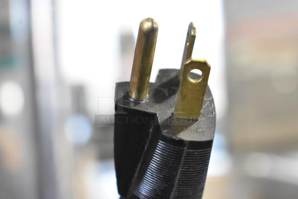 Close-up of a three-prong plug for the Stoelting F231 ice cream machine. Gold-colored prongs and black casing.