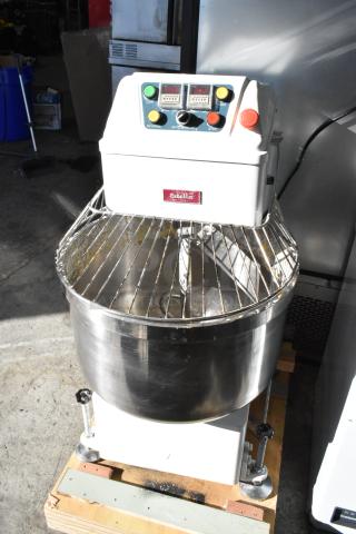 Estella 348SM80 metal 80 qt. spiral dough mixer with bowl, guard, and hook attachment. Features 220V, 3-phase power.
