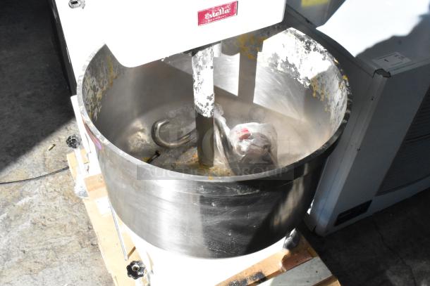 Estella 348SM80 metal spiral dough mixer with an 80 qt bowl, bowl guard, and dough hook. Features two-speed operation, 220V, 3-phase.