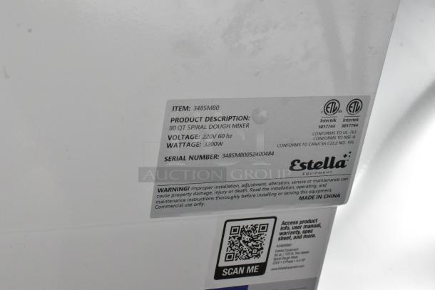 Estella 348SM80 Metal Commercial 80 Qt. Spiral Dough Mixer label showing voltage, wattage, and specifications.