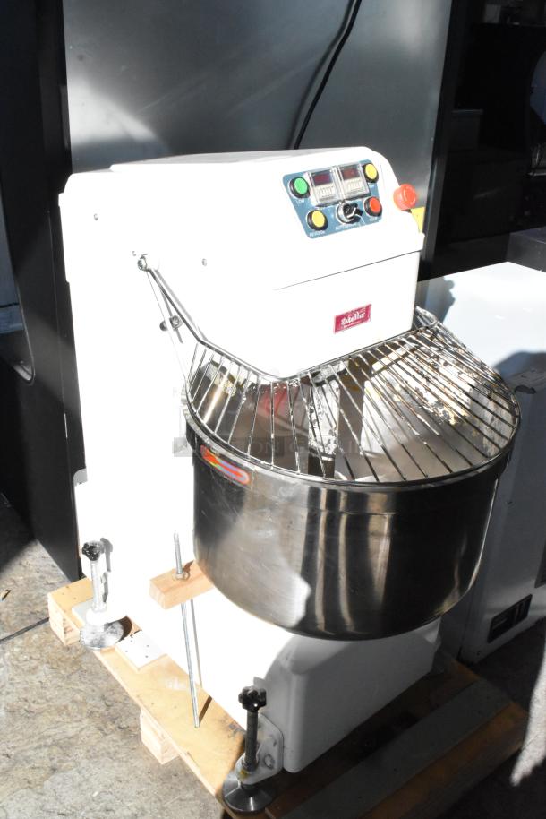Estella 348SM80 spiral dough mixer with 80 qt. metal bowl, bowl guard, and dough hook. Two-speed, 220V, 3 phase.