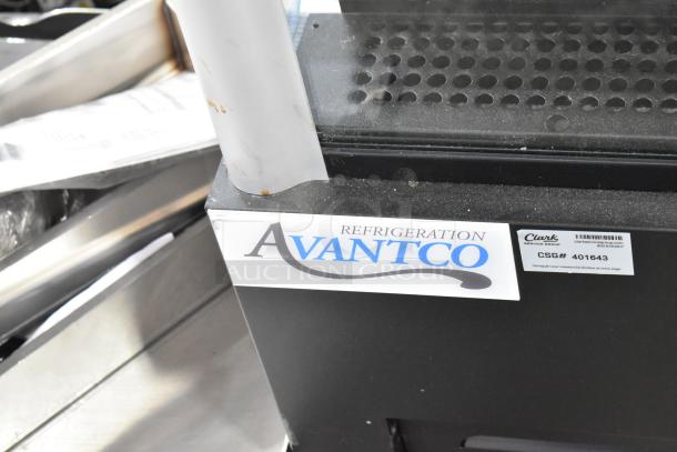 Brand new Avantco 189BVAC46HC 46" black refrigerated air curtain merchandiser with minor cosmetic flaws, on commercial casters.