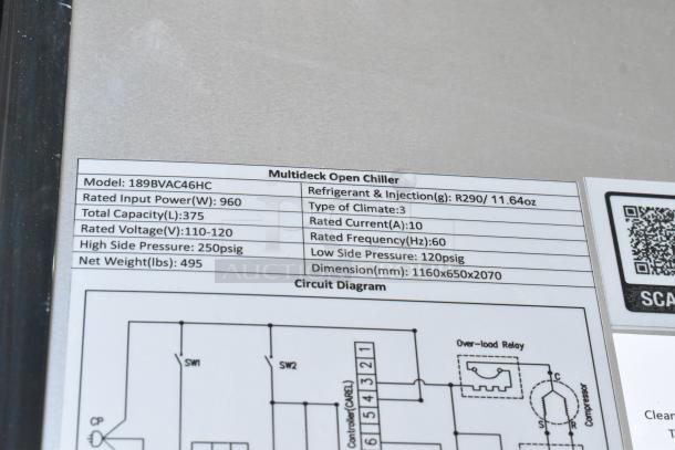 Label for Avantco 189BVAC46HC Multideck Open Chiller showing specs: 960W, 375L capacity, 110-120V, R290 refrigerant.
