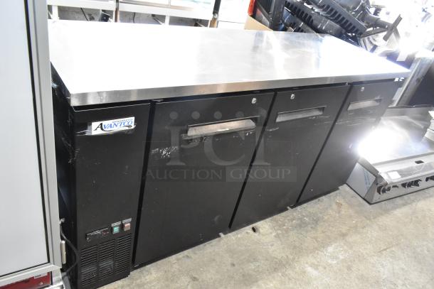 Brand new Avantco 178UBB72HC black commercial back bar refrigerator, metal construction, 73" wide, LED lighting, minor scratches.