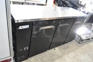 Brand new Avantco 178UBB72HC black commercial back bar refrigerator, metal construction, 73" wide, LED lighting, minor scratches.