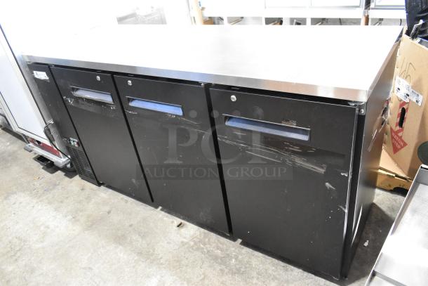 Brand new 2025 Avantco 178UBB72HC black 73" back bar refrigerator, counter height, LED lighting, scratch and dent, 115V, 1 phase.